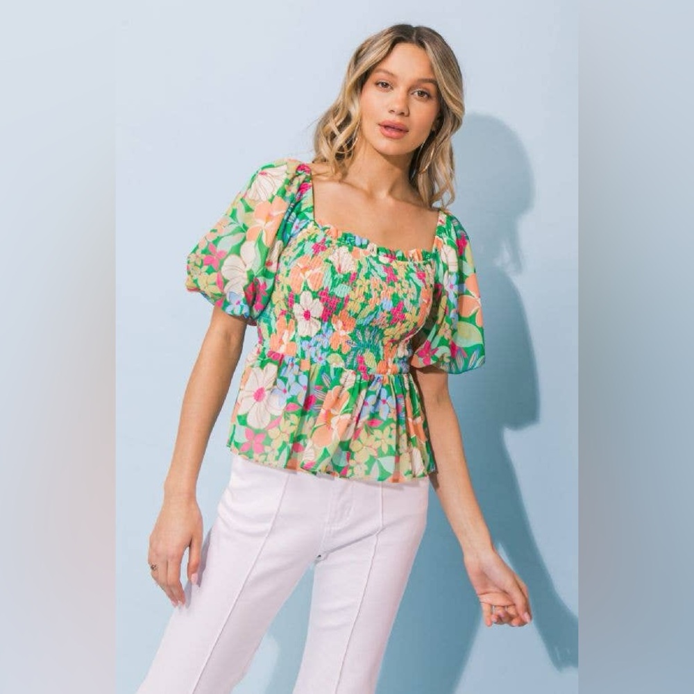Flying Tomato Floral Smocked Off Shoulder Puff Sleeve Peplum Top S